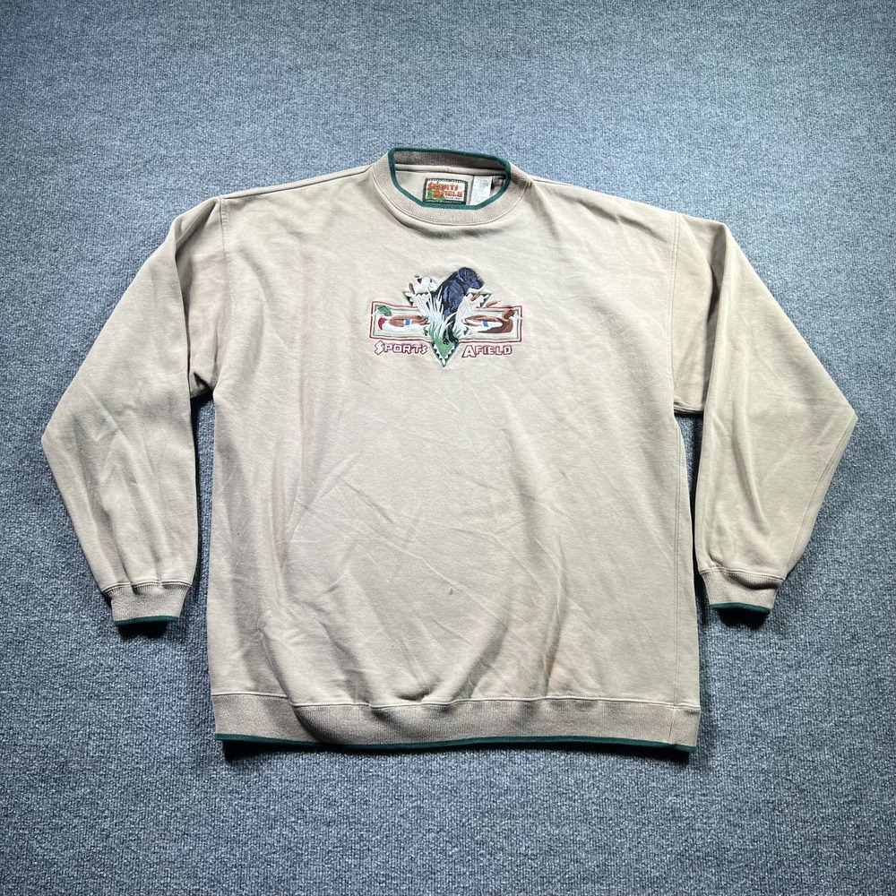 VTG Sports Afield Sweatshirt Men XL Beige Fleece Nature Graphic Hunting Gorpcore